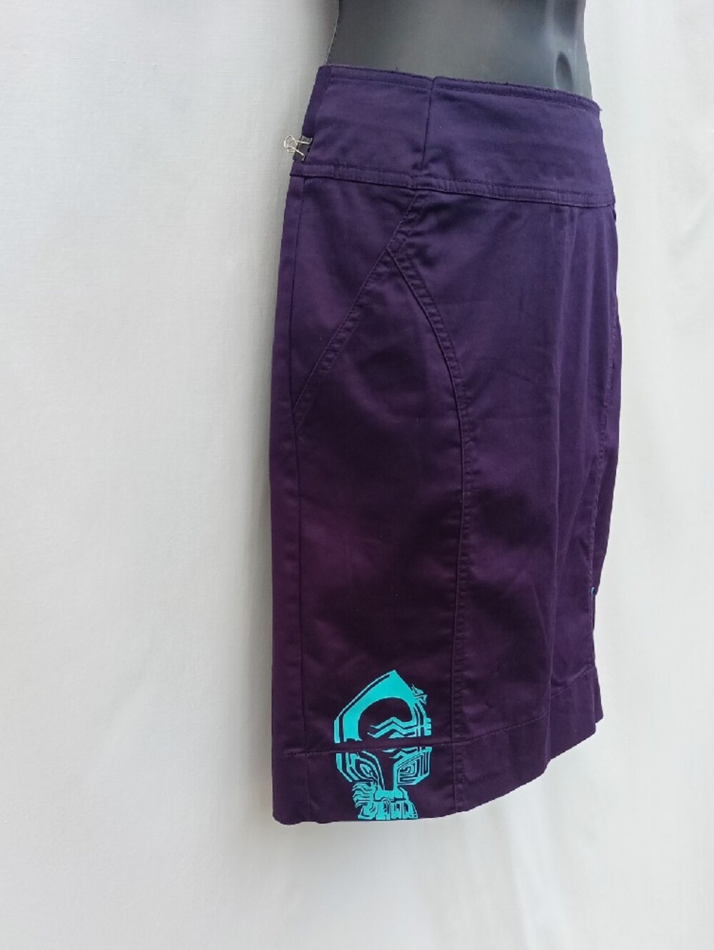 H&M Royal Purple Pencil Skirt with upcycled Front-Back Teal Hem Graphics